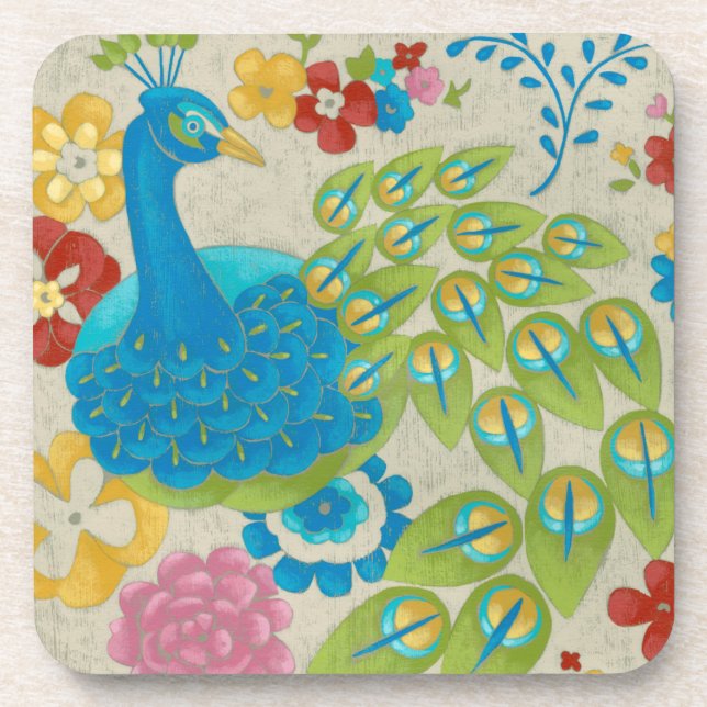 Colourful Peacock and Flowers Coaster (Front)