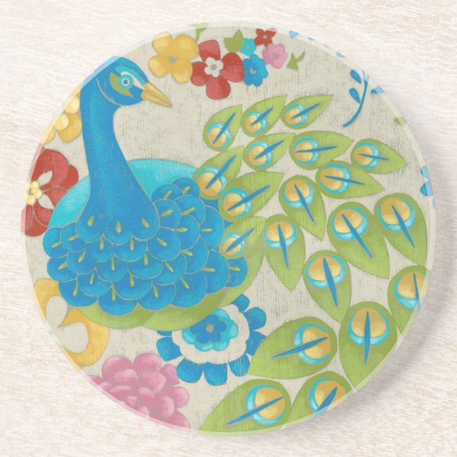 Colourful Peacock and Flowers Coaster (Front)