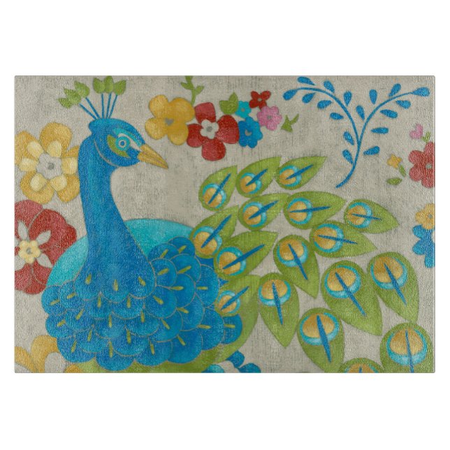 Colourful Peacock and Flowers Cutting Board (Front)