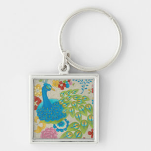 Colourful Peacock and Flowers Key Ring