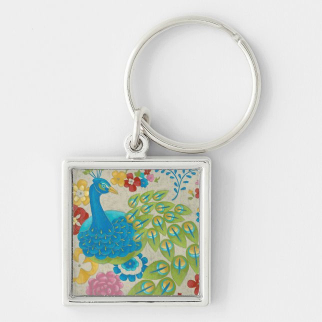 Colourful Peacock and Flowers Key Ring (Front)