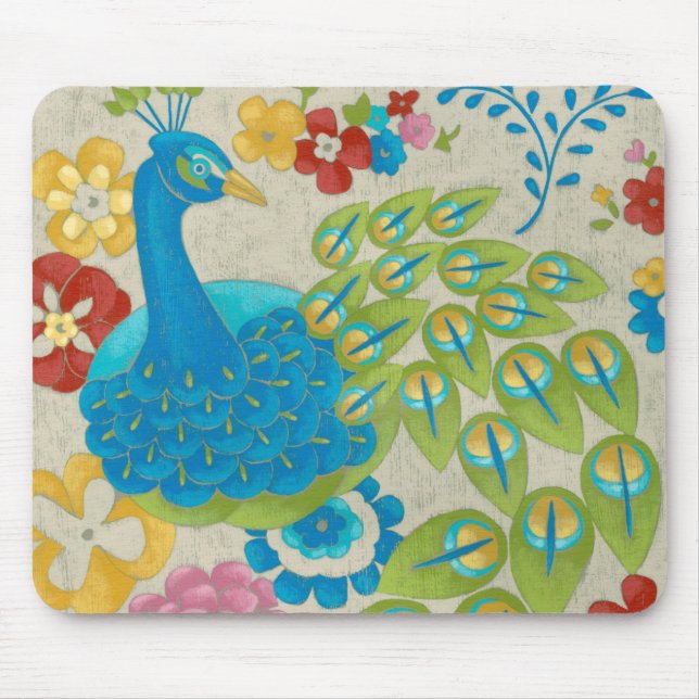Colourful Peacock and Flowers Mouse Mat (Front)