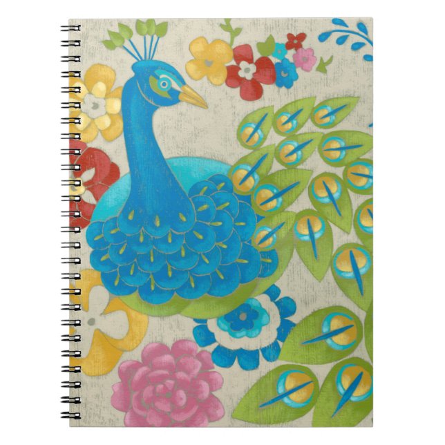 Colourful Peacock and Flowers Notebook (Front)