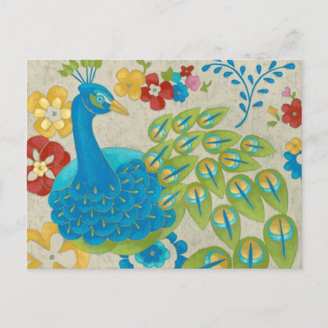 Colourful Peacock and Flowers Postcard (Front)
