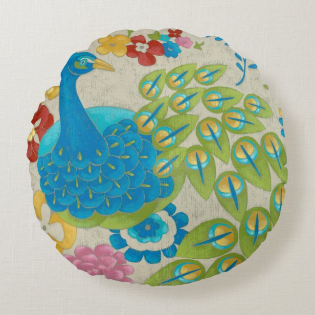 Colourful Peacock and Flowers Round Cushion (Front)