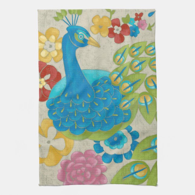 Colourful Peacock and Flowers Tea Towel (Vertical)
