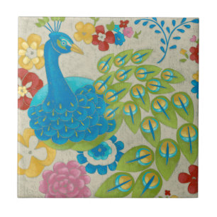 Colourful Peacock and Flowers Tile