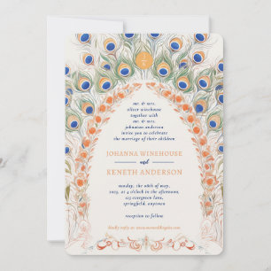Colourful Peacock Arch   Monogram Wedding Invitation