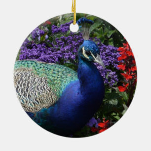 Colourful Peacock between purple flowers Ceramic Tree Decoration