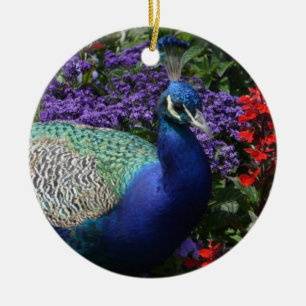 Colourful Peacock between purple flowers Ceramic Tree Decoration