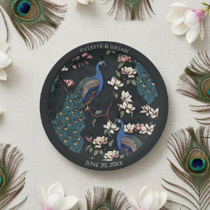 Colourful Peacock Black Paper Plate