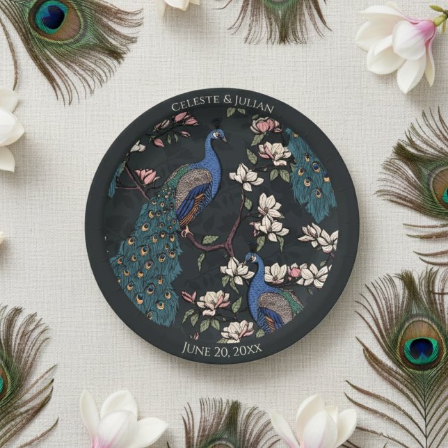 Colourful Peacock Black Paper Plate (Elegant Black Floral Peacock Wedding Plates. Colorful Blue Teal Peacock & Magnolia Flower Pattern)