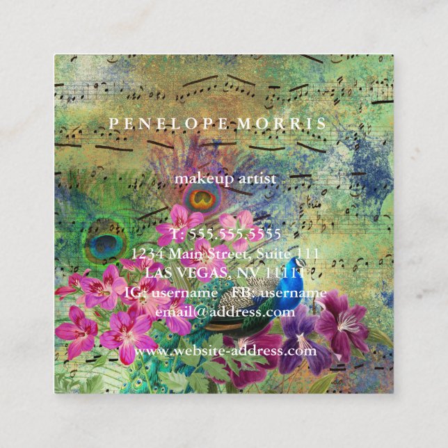 Colourful Peacock Collage Makeup Artist Square Square Business Card (Back)
