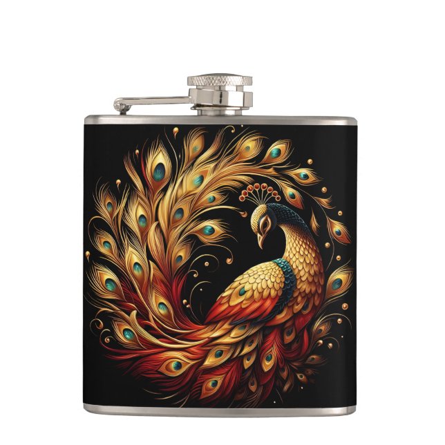 Colourful Peacock Dance in White Hip Flask (Front)