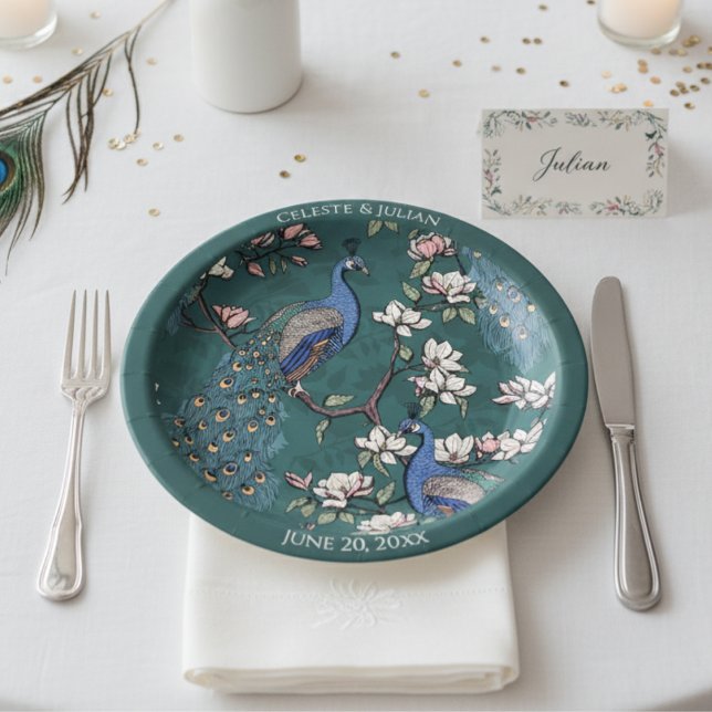 Colourful Peacock Dark Teal Paper Plate (Elegant Teal Floral Peacock Plates for Wedding or Anniversary. Colorful Peacock Feather & Flowers)