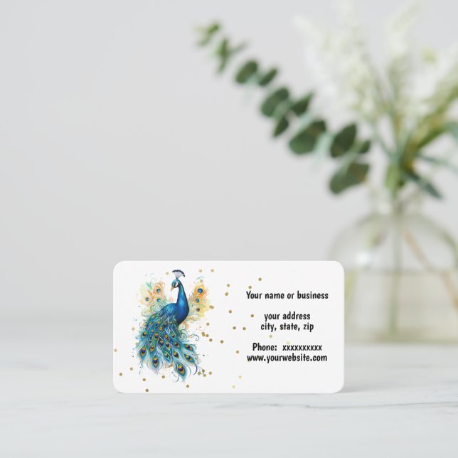 Colourful Peacock Design  Business Card (Standing Front)