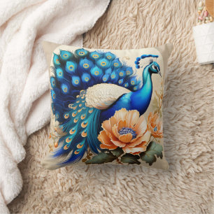 Colourful Peacock Displaying Feathers Among Flower Cushion