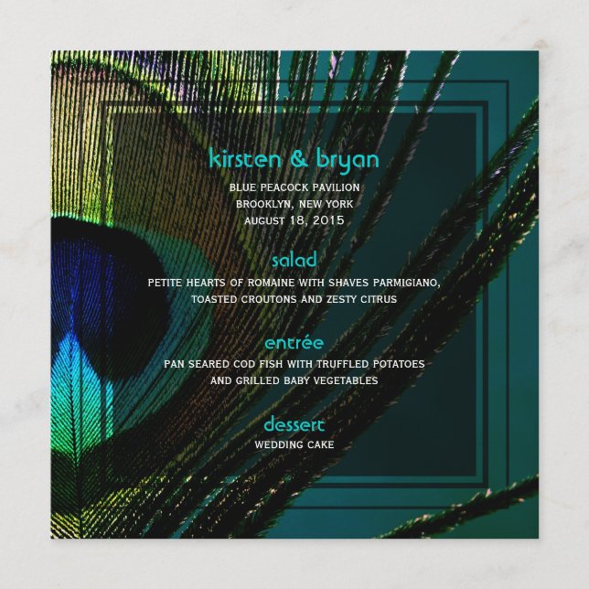 Colourful Peacock Feather Photo Boho Chic Wedding Menu (Front)