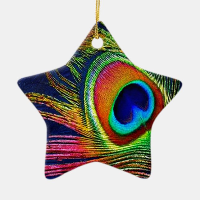 Colourful Peacock Feather Print Ceramic Tree Decoration (Front)