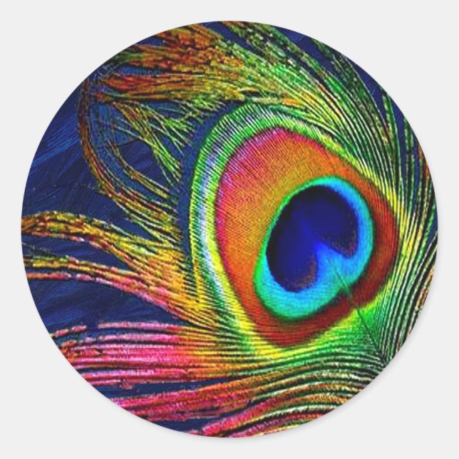Colourful Peacock Feather Print Classic Round Sticker (Front)