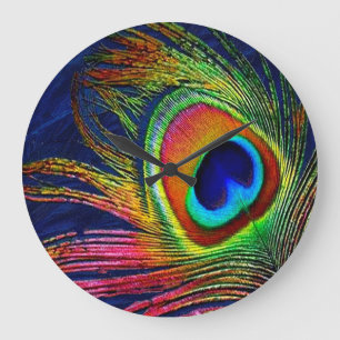 Colourful Peacock Feather Print Large Clock