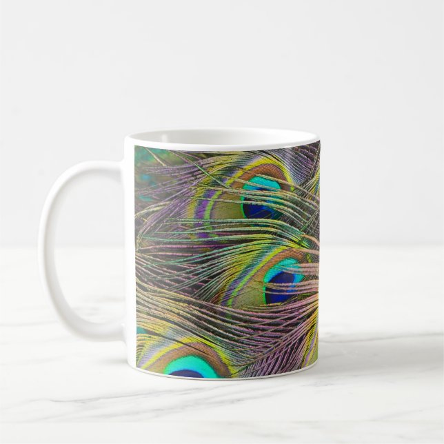 Colourful Peacock Feathers Design Coffee Mug Cup (Left)