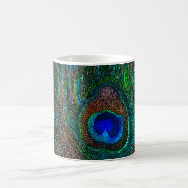 Colourful Peacock Feathers Etching Style Coffee Mug (Center)