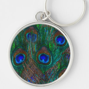 Colourful Peacock Feathers Etching Style Key Ring