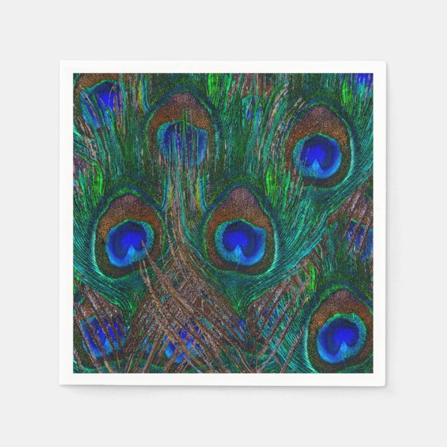 Colourful Peacock Feathers Etching Style Napkin (Front)