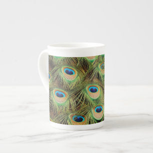 Colourful peacock feathers print bone china mug