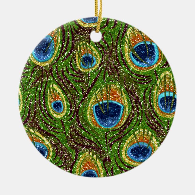 Colourful Peacock Feathers Print Ceramic Tree Decoration (Front)
