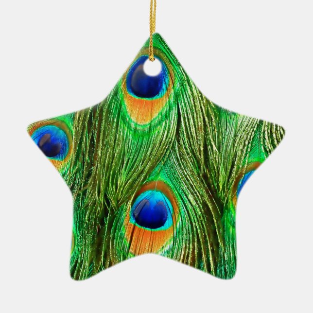 Colourful Peacock Feathers Print Ceramic Tree Decoration (Front)
