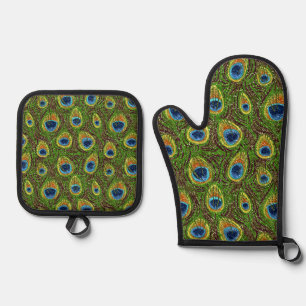 Colourful Peacock Feathers Print Oven Mitt & Pot Holder Set