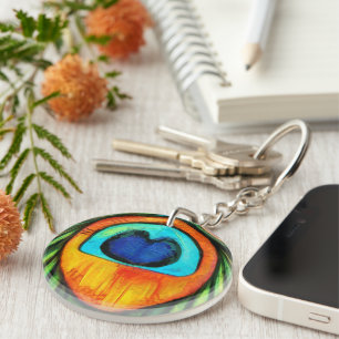 Colourful Peacock Firebird Feather Painting Key Ring