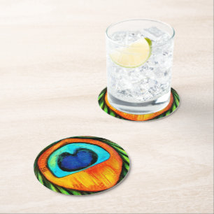 Colourful Peacock Firebird Feather Painting  Round Paper Coaster