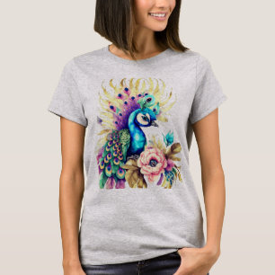 Colourful peacock on flowers and leaves T-Shirt