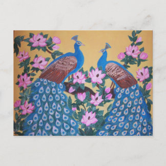 Colourful Peacock paon magnolias acrylic painting Postcard