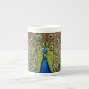Colourful peacock print bone china mug