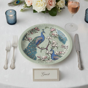 Colourful Peacock Sage Green Paper Plate