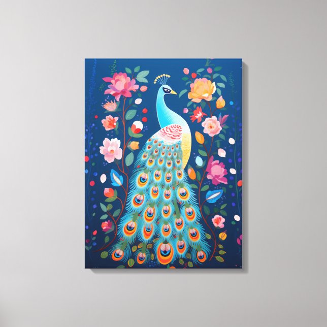 Colourful Peacock with Blue Green Orange Feathers Canvas Print (Front)