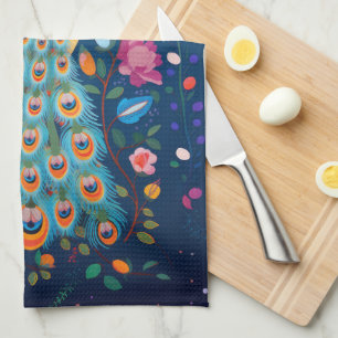 Colourful Peacock with Blue Green Orange Feathers Tea Towel