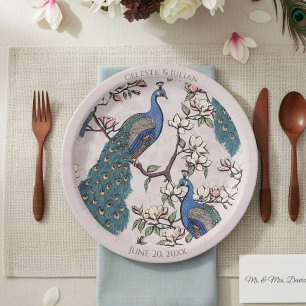Colourful Peacocks Blush Pink Paper Plate