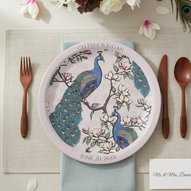 Colourful Peacocks Blush Pink Paper Plate (Colorful Floral Peacock Blush Pink Wedding Plates for Bridal Shower, Anniversary. Elegant Peacock)