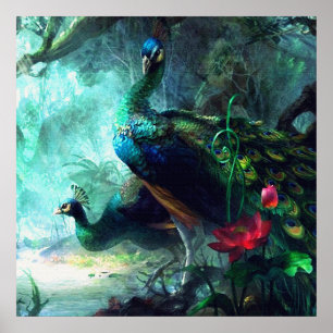 Colourful peacocks in misty forest Poster