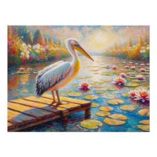 Colourful Pelican and Lily Pads Decoupage Poster