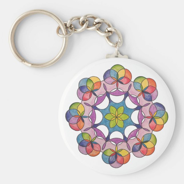Colourful Pencil Drawn Geometric Mandala Spiritual Key Ring (Front)