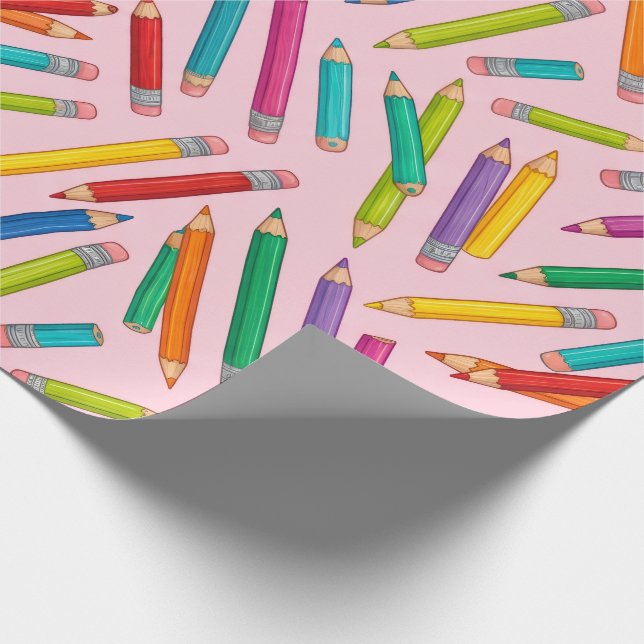 Colourful Pencil Pattern on Pink Background Wrapping Paper (Corner)
