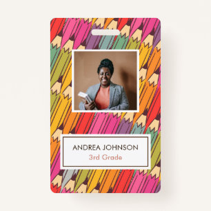 Colourful Pencil Pattern Primary Teacher Photo ID ID Badge