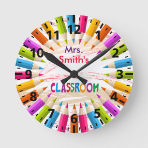 Colourful Pencils Teacher's Classroom Round Clock