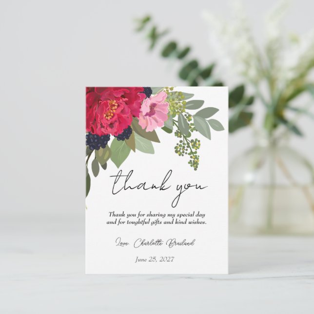 Colourful Peony Floral Bridal Shower Thank You Postcard (Standing Front)